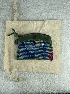 Nena & Co. Handmade Wallet Leather & Ikat Green & Blue Zippered EXCELLENT